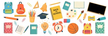 Okul malzemeleri ve eğitim etiketleri. Okula dönelim. Sırt çantası, kitap, küre, boya, cetvel, kalem, kalem, hesap makinesi, fırçalar, yapıştırıcı. Parmak izi kartlarını yapıştırma kitabı yapmak için mükemmel.