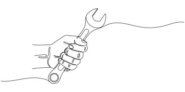 Sürekli bir çizgi çizerek İngiliz anahtarını tutuyor. Holds 'un tek çizgi çizimi bir ingiliz anahtarı. Araba tamiri konsept vektör sanatı için araçlar. Çizgi çizimi. Düzenlenebilir vuruş.