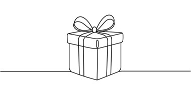 İçinde kurdele ve fiyonk olan bir Noel hediyesi kutusu çizimi. Basit bir doğrusal şekilde kutlama hediyesi ve paketlenmiş sürpriz paket. Doodle vektör çizimi Düzenlenebilir vuruş.