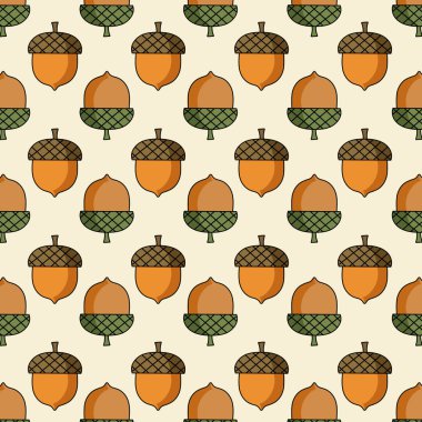 Meşe palamudu desenli beyaz arka planda izole edilmiş vektör çizimi. Meşe ağacı meyvesi. Gerçekçi karikatür meşe palamudu arka planı