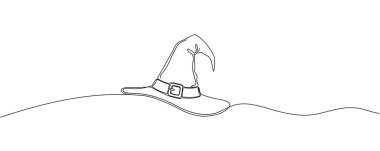 Büyücü ya da cadı şapkası çizgisel olarak sürekli simge çizilmiş. Sihirli şapka siyah bir çizgi vektör simgesi. Cadılar Bayramı 'nda büyücü şapkası dizaynı. Düzenlenebilir vuruş.