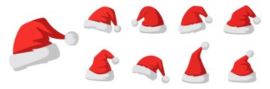 Beyaz arka planda izole edilmiş kırmızı Noel Baba şapkaları. El çizimi basit Noel Baba şapkaları