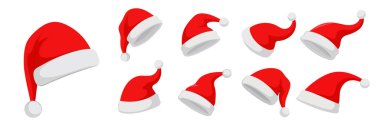 Beyaz arka planda izole edilmiş kırmızı Noel Baba şapkaları. El çizimi basit Noel Baba şapkaları