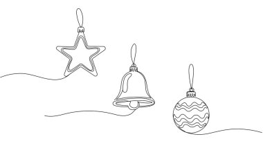 Noel ağacı oyuncakları çizen tek çizgi siyah beyaz aralıksız çizgi Mutlu Noeller bayrağı, minimalist tarzda. Düzenlenebilir vuruş.