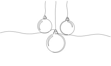 Yılbaşı topları dekorasyonunun kesintisiz çizimi. Mutlu Noeller ve yeni yıl tebrik kartı için bir sıra çam ağacı süsü konsepti. Düzenlenebilir vuruş.