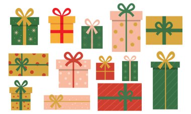 Sunum simgesi. Hediye kutusu simgesi seti. Yeni yıl, Noel ya da başka bir tatil için düz stil hediye koleksiyonu.