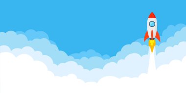 Girişim Konsepti. Roket uzay gemisi kalkıyor. Uzay uçuşunda roket fırlatılıyor. Vektör illüstrasyonu