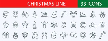 Bir dizi Noel taslak ikonu. Tatil sembolü. Satır Xmas simgeleri koleksiyonu