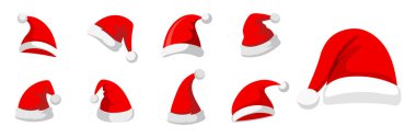 Beyaz arka planda izole edilmiş kırmızı Noel Baba şapkaları. El çizimi basit Noel Baba şapkaları