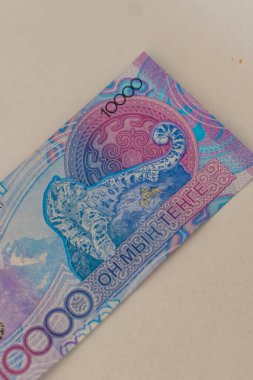 Üst Manzara. 10000 Kazak tenjanı. Kağıt banknot. Kazakistan Cumhuriyeti 'nin nakit parasıyla. - Evet. Yüksek kalite fotoğraf