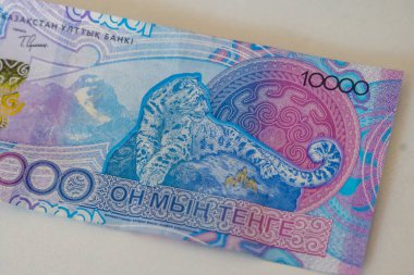 Üst Manzara. 10000 Kazak tenjanı. Kağıt banknot. Kazakistan Cumhuriyeti 'nin nakit parasıyla. - Evet. Yüksek kalite fotoğraf