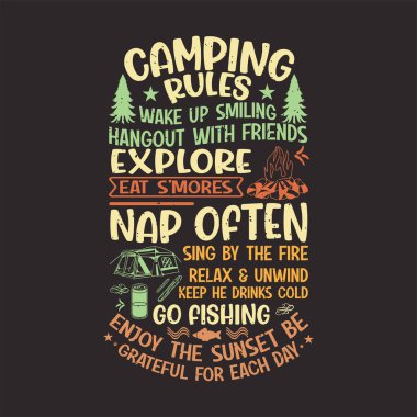 Kamp kuralları sık sık şekerleme yapar ve tipografi tasarımı, antika, macera eskitilmiş baskı tasarımı olan günbatımı kamp gömleğinin tadını çıkarır.