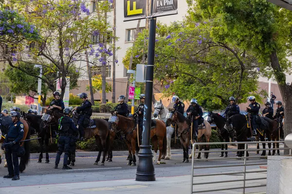 Muhtelif protestoculardan oluşan geniş bir kalabalık Los Angeles şehir merkezinde anti-ICE ve Trump karşıtı levhalarla Meksika ve Amerikan bayrakları sallayarak toplanıyor. Siyasi gösteri, göçmen hakları, sosyal adalet ve toplumsal dayanışmayı destekliyor. Fotoğraflı dur