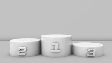 Podio de ganadores blanco en 3D. Plataforma de visualizacin de uretos de renderizado. 3 lugares de diferentes alturas.