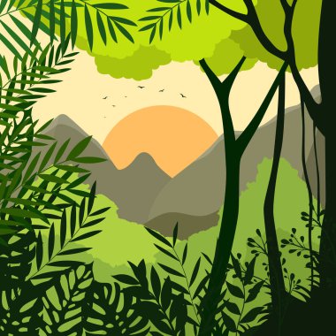 Orman silueti arka planı. Düz dizayn orman doğal manzarası