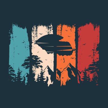 Klasik tarz açık hava dağ görünümü silueti t-shirt tasarımı için uygundur