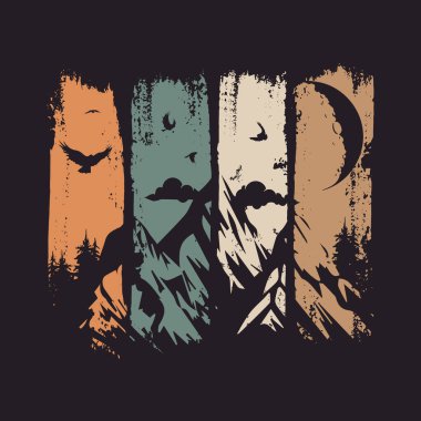 Retro çizgili soyut siluet grunge tarzı orman manzarası