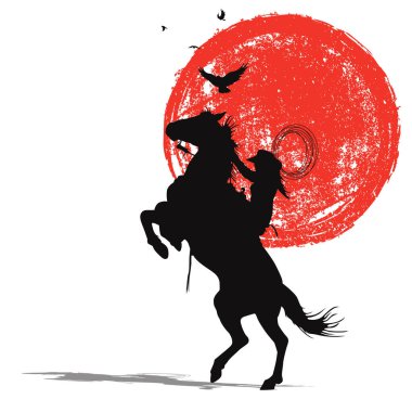 Kovboy karakterinin silueti ata binmek ve soyut ay