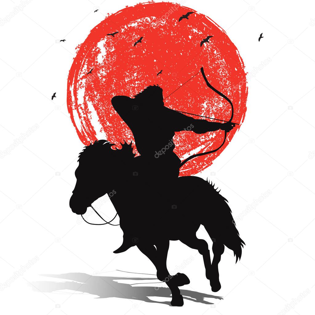 Silhouette of person riding while shooting archery with an abstract moon