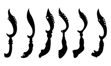 Beyaz arka planda izole edilmiş geleneksel Kujang silahlarının siluetleri. Batı Java Sundan Geleneksel Silahları