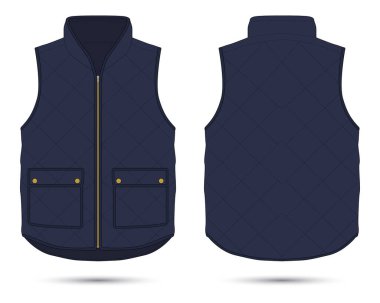 Dark blue modern vest mockup front and back view. Vector illustration clipart