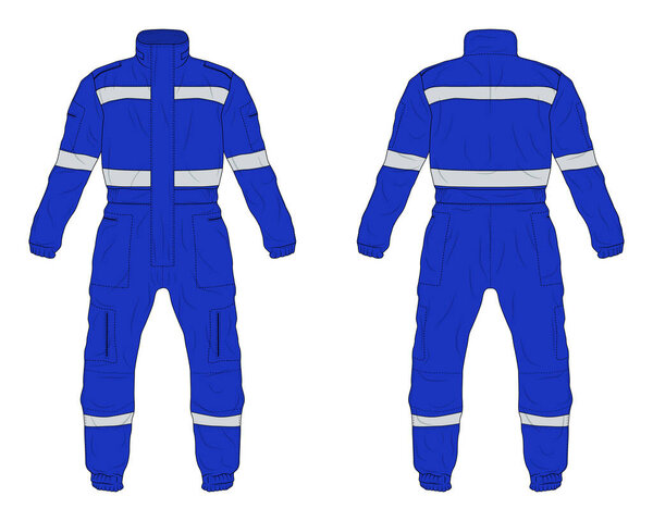 Blue overall hi vis work safety clothing mockup front and back view