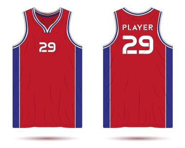 Kırmızı ve mavi basketbol forması. Ön ve arka manzara.