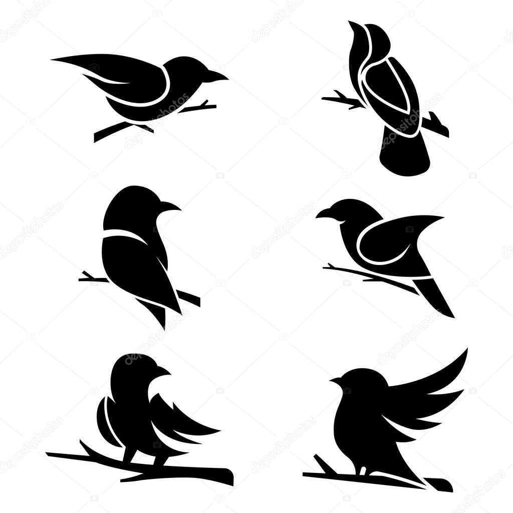 Collection of bird silhouette logos perched on tree branches