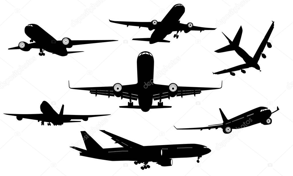 Collection of different airplane silhouettes isolated on white background