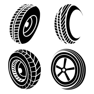 Farklı araba lastiği logoları koleksiyonu. Tekerlek logoları. Vektör illüstrasyonu