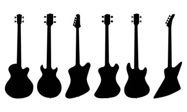 Farklı şekilli gitar ve bas siluetleri koleksiyonu
