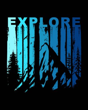 Soyut mavi grunge dağ manzarası keşif silueti t-shirt tasarımı için mükemmel