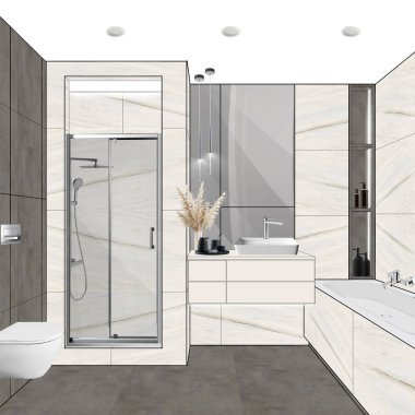 Banyo lüks eskizi. Üretimdeki eskiz kolajı. İç Tasarım .