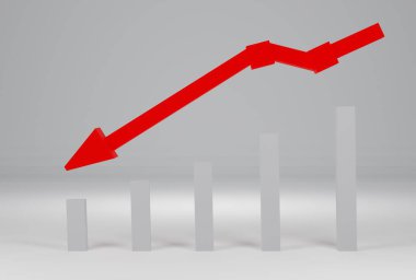 3D çizim, kırmızı iş 3D ok beyaz arka plan, iş konsepti, başarısız iş, başarısız satış, iş başarısız.