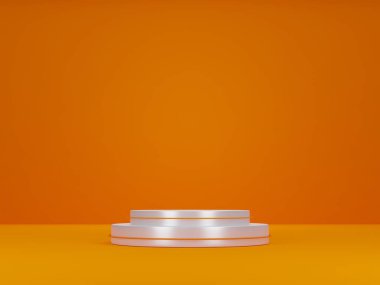 3d render, ürünler turuncu arka planda mavi silindirli podyumu, podyum arkaplanını, görünüm arkaplanını, ürün sunumunu gösterir.
