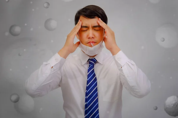 Asian Man Wear Masks Protect Dust Air Pollution Headache Sickness — Stock Photo, Image