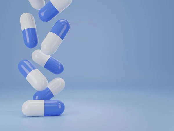 Render Pastillas Para Medicamentos Tabletas Cápsulas Sobre Fondo Azul Con — Foto de Stock