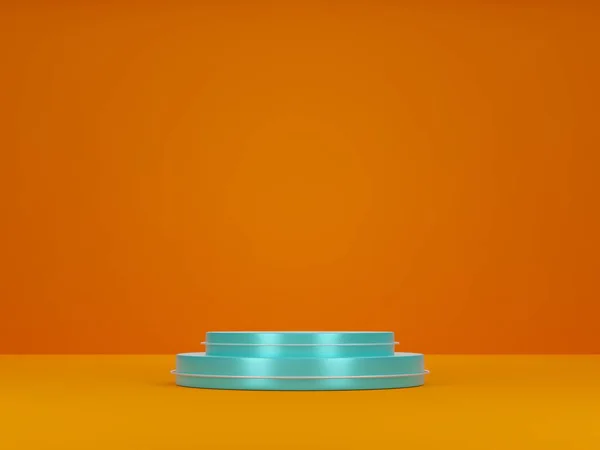 Rendu Podium Affichage Produits Avec Cylindre Bleu Sur Fond Orange — Photo