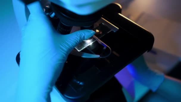 Científico Investigador Examina Muestras Microscopio Diodo Electrónico Moderno Cerca Laboratorio — Vídeos de Stock