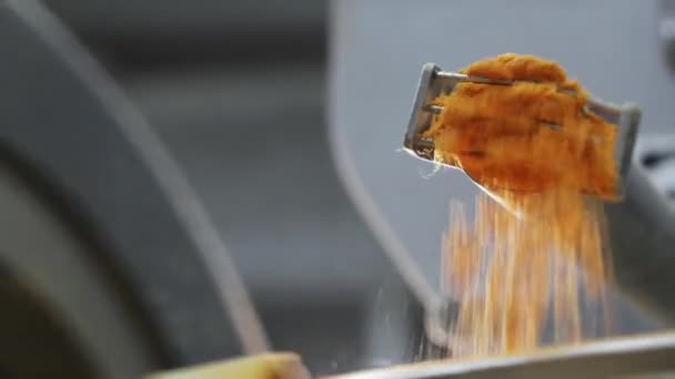 炸土豆片最后被放在工厂的一条工业传送带上 一堆炸土豆片最后被放在工厂的一个分拣容器里 芯片厂 — 图库视频影像