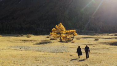  Dağlarda bir çift. Siyah elbiseli bir adam ve bir kadın, dağ uçurumuna doğru yürüyorlar. Arkaplan karla kaplı dağlara karşı. Mutlu bir aile.. 