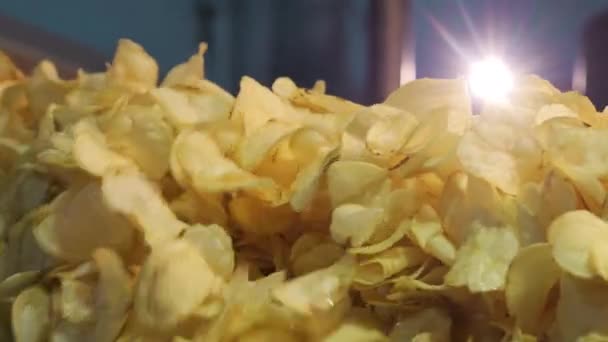 Жареные Картофельные Чипсы Попадают Промышленный Конвейер Фабрике Куча Жареных Чипсов — стоковое видео