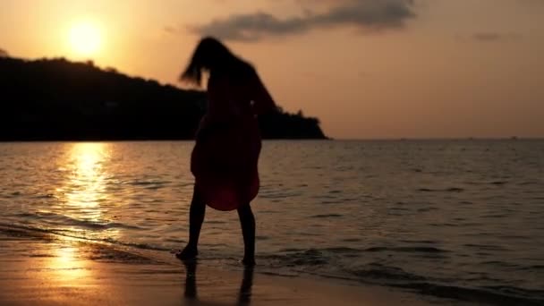 Una Mujer Camina Por Playa Atardecer Silueta Una Chica Caminando — Vídeos de Stock