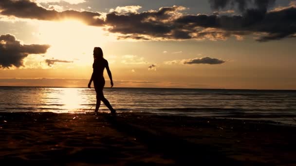 Una Mujer Camina Por Playa Atardecer Silueta Una Chica Caminando — Vídeo de stock