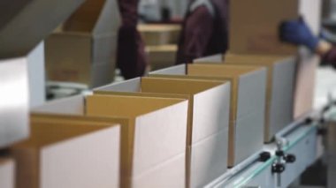 Modern fabrikadaki otomatikleştirilmiş üretim taşıma hattı. Üretim konveyör hattında karton taşıyorum. Karton kutular üretim konveyör hattında taşınıyor. Makine mekanizması.