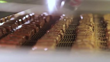 Çikolata üretimi için bir şeker fabrikasına çikolata döküyorum. Şekerler, bir şeker fabrikasında üretim hattına çikolatayla doldurulur.. 