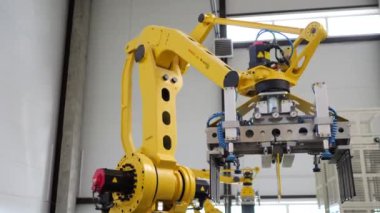 Robotik kol, bir fabrikada bitmiş ürünleri paketlemek için vakumlu bardaklar kullanır. Otomatik üretim. Robot paketleyici.