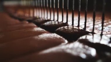 Bir şekerleme fabrikasında modern çikolatalı gofret üretimi. Yumuşaklık katmak için çikolata çırp. Waffle üretimi. Modern şekerleme fabrikası. 