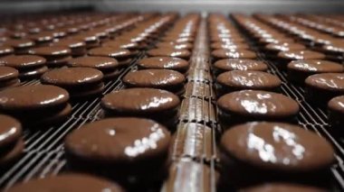 Endüstriyel gıda fabrikası veya fırın, otomatikleştirilmiş üretim bandı, konveyör bandı, şekerleme fabrikası veya fırın üzerindeki çikolata kaplı kurabiyeler. Çikolatalı Turta Yapıyorum.