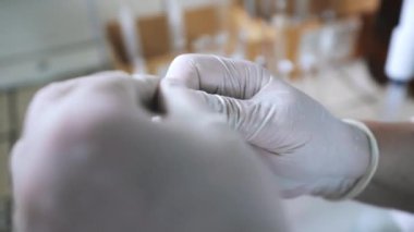 Bir araştırmacı örnek bir tüpü mühürlüyor. Bir deney tüpü ve bir bilim adamının ellerine yakın çekim. Ekoloji laboratuvarı. Bilimsel Laboratuvar.